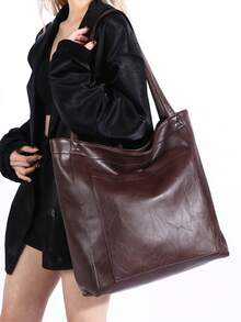 Large Capacity Tote Bag, Retro Faux Leather Handbag With Front Pocket, Suitable For Work And Travel - Coffee Brown - View 6