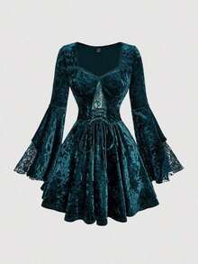 MOD Vestido mini de mujer con dobladillo de volantes, parches de encaje y terciopelo con cordón - Verde - Ver 2
