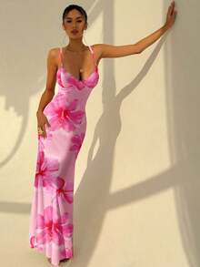 Vacation Spaghetti Strap Tie-Up Bodycon Printed Dress For Women, Spring/Summer,Pink Dress - Pink 3 - View 12