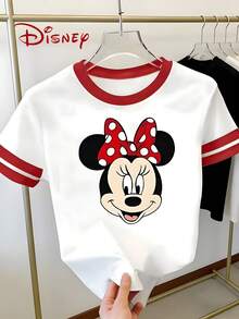 Disney Women's Official Licensed Minnie Mouse T-Shirt - Y2K Red & White Bow Print With Minnie Face Suitable For Summer, Casual Outfits, Themed Parties, Uniforms, Machine Washable Non- Blouse Fashion Top - 白色 - 查看 1