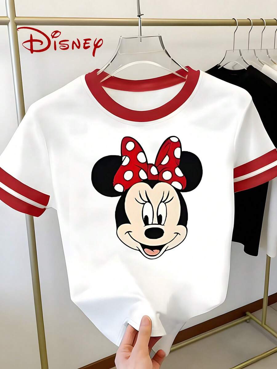 Disney Women's Official Licensed Minnie Mouse T-Shirt - Y2K Red & White Bow Print With Minnie Face Suitable For Summer, Casual Outfits, Themed Parties, Uniforms, Machine Washable Non- Blouse Fashion Top - 白色 - 查看 1