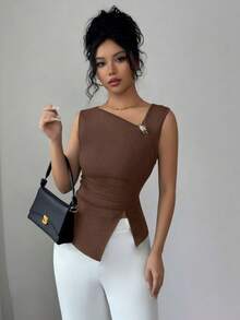 Solid Color Sleeveless T-Shirt With Metallic Embellishment For Fitted Wear - Coffee Brown - View 4