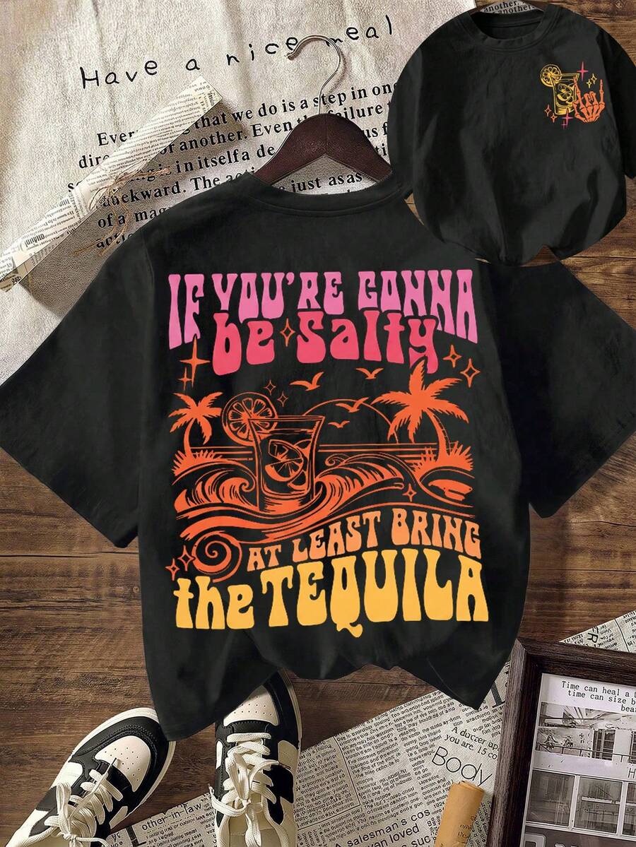 SALTY TEQUILA DRINKING CLUB 图案T恤，女士休闲圆领短袖T恤，适合夏季度假，黑色 - 黑色 - 查看 1