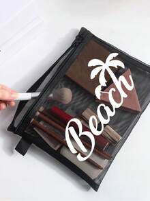 多色時尚網格沙灘包，印有「Beach」文字的化妝包，沙灘主題。大容量透明化妝包，尼龍拉鍊化妝包，輕巧，可存放防曬霜、零食、比基尼和沙灘必需品。春/夏儲物，耐用，非常適合游泳、沙灘、潛水和夏季假期，學生開學，輕巧防曬儲物包，適合朋友、母親節、開學季 - 彩色 - 查看 5
