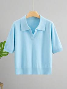 GIGOGOU Áo thun dệt kim tay ngắn dành cho nữ, áo len cổ polo mềm mại, thoải mái, thích hợp cho mùa xuân/hè. - Màu xanh lam - Xem 5