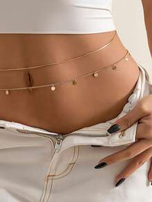 2026 Sexy doppellagige goldene Bauchkette - minimalistischer runder Pailletten-Scheiben-Taillenkette Körperschmuck für Frauen, Boho Sommer Strand Bikini Accessoires, Nachtclub Party Hot Girl Stil - Gold - Übersicht 3