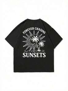 Men's Crew Neck T-Shirt With A Stylish Print, Perfect For Everyday Wear, Outings, Casual Occasions, Travel, And Family Gatherings. Men's Casual Short-Sleeve T-Shirt, Ideal For Vacations. | Minimalist Print With Palm Tree And Sun Design | Exquisite Design | Summer Essentials | Multifunctional And Stylish - 黑色 - 查看 5
