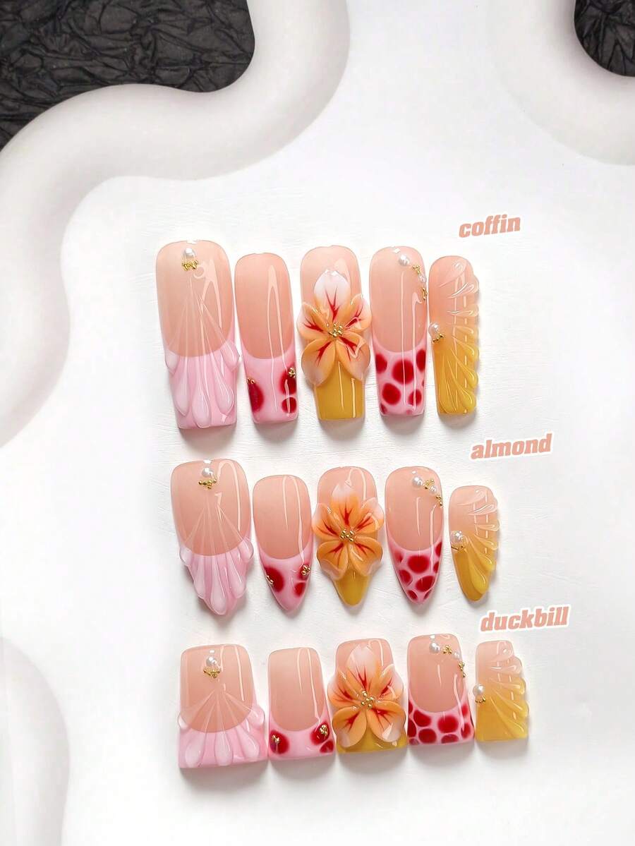 10片裝溫柔島嶼風手工穿戴甲,Polygel美甲套組,雕花花卉、水波紋理、珍珠裝飾,黃色、紅色、粉色指甲油,溫柔風格,附美甲工具,3種尺寸可選,杏仁形、鴨嘴形、棺材形,適合派對、舞蹈、日常配戴 - 彩色 - 查看 1
