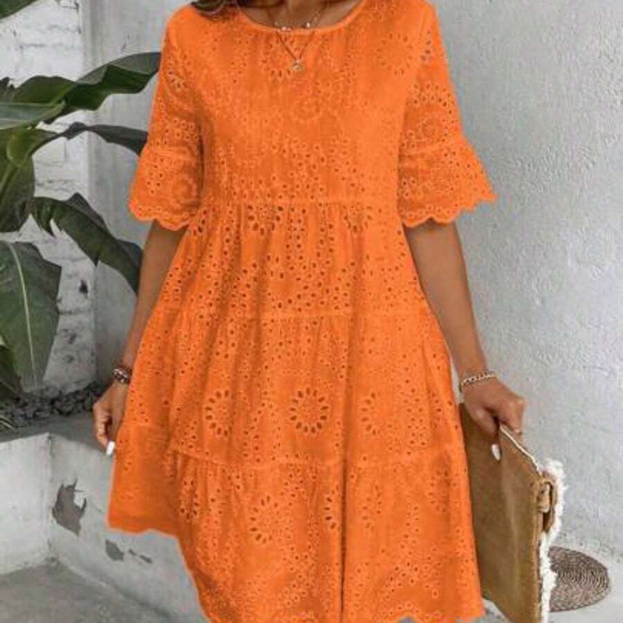 Women's Casual Vacation Solid Color Hollow-Out Embroidered Dress Summer Dress - Naranja - Ver 1