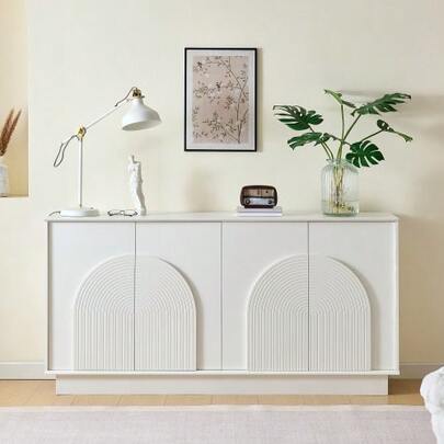 Modern White Sideboard With Curved Doors – 4-Door Storage Cabinet For Living Room & Dining Room, MDF Construction With Matte Finish, Elegant And Functional Storage Solution, 160 Cm