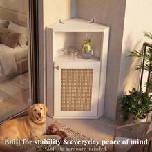 OMCHOM Corner Storage Cabinet, 90° Right Angle Rattan Cabinet With Open Shelf & Adjustable Shelves, Freestanding Accent Cabinet With Anti-Tip Kit, Natural Woven Rattan Door Sideboard For Small Spaces Living Room Bathroom Bedroom Entryway - màu trắng nhạt - Xem 7