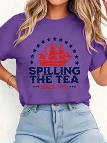 1pcsFunny 4th Of July Spilling The Tea Since 1773 Fourth Of July T-Shirt Print T-Shirt Casual Comfort Tee-Women Casual Going Out Tees - 紫色 - 查看 14