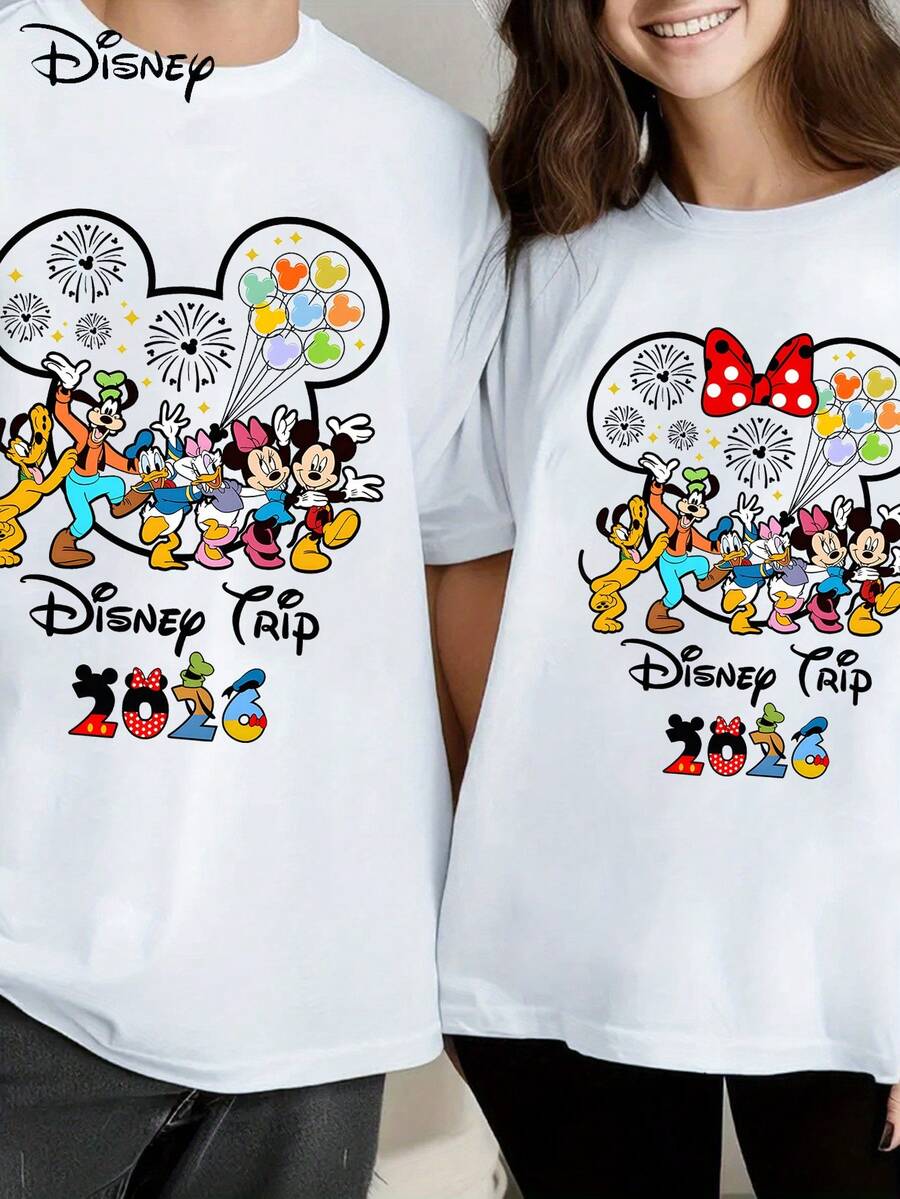 Disney Fashion Spring/Summer Women's Couple's Casual Short-Sleeve T-Shirt With Classic Disney Character Print, Text, And "51.46meter Design. Soft And Comfortable Crew Neck Short-Sleeve Top. One Disney Valentine's Day Unisex T-Shirt. Valentine's Day - 女士T卹 - 查看 1
