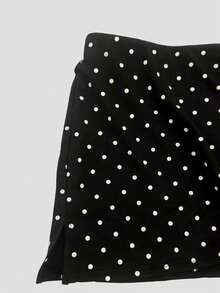 Women's Boat Neck Polka Dot Ruffle T-Shirt And Mini Skirt Shorts Set Black Summer Elegant - Black - View 5