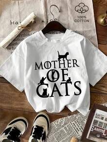 -Women's Casual Short-Sleeved Shirt - Graphic Print Of The Cat Era With Cat Silhouettes, White With Lettering, Washable Top For Spring And Summer. - White - View 11