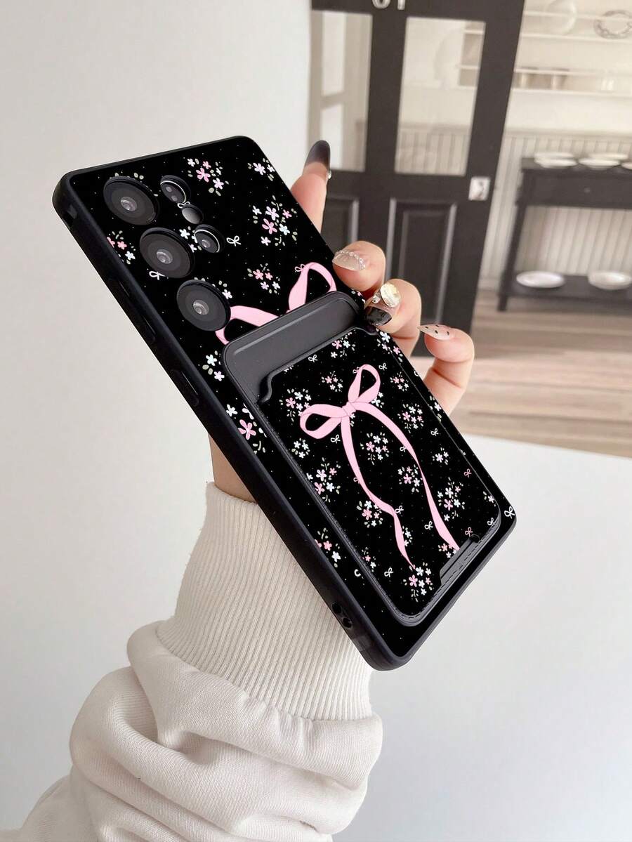#Pure Android Series# 1pc Black TPU Soft Butterfly & Floral Pattern Personalized Shockproof Phone Case, And 1pc Black & Pink Butterfly & Floral Pattern Adhesive Card Holder 2-In-1 Fashion Creative Personalized Full Coverage Phone Case - Multicolor - View 1