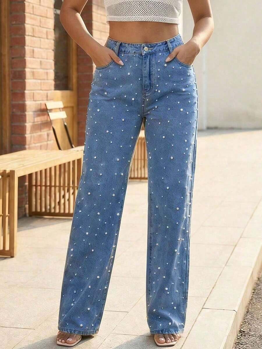 Women's Pearl Beaded High Waist Wide Leg Jeans Light Blue Washed Denim Pants Streetwear--Perfect For Daily / Holiday / Date / Vacation / Party / Beach / Getaway / Everyday / Night Out/Mothers Day Outfit - Giặt vừa - Xem 1