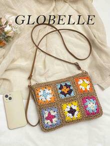 GLOBELLE 手工钩编草编斜挎包，色彩缤纷的祖母方格波西米亚风编织单肩包，轻便夏季沙滩手提包，配有可调节皮革肩带，波西米亚风休闲手提包，适合女士度假旅行 - 卡其色 - 查看 10