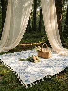 1pc Oversized Outdoor Picnic Blanket, Made Of High-Quality 100% Polyester Fabric, Elegant Green Leaf Print Design With Fringed Decor, Soft & Durable Foldable, Suitable For Forest Camping, Beach Vacation, Backyard Picnic And Family Gathering, Portable Decorative Camping Mat - Color - View 10