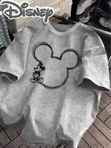 Disney Mickey Head Line Art Border Vintage Hand Drawn Style Minimalist Creative Print Stylish  Oversized Vintage T Shirt 2026 Spring Summer Crew Neck T Shirt Vintage Fashion Lovers Popular Vintage Crew Neck T Shirt - 灰色 - 查看 2