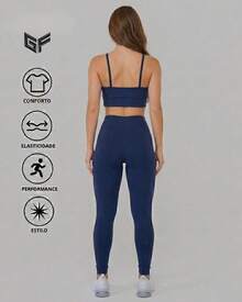 Premium Women's Fitness Set - Padded Top + Gym Leggings - Women's Gym Set - Padded Top + Premium Fabric Leggings - Women's Sports Set - Padded Top + High Quality Leggings - 藏蓝色 - 查看 3