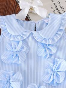 Đầm không tay kẻ sọc, cổ bèo, họa tiết hoa 3D, nhẹ nhàng, thanh lịch cho bé gái, thích hợp cho mùa hè. - Màu xanh nhạt - Xem 3
