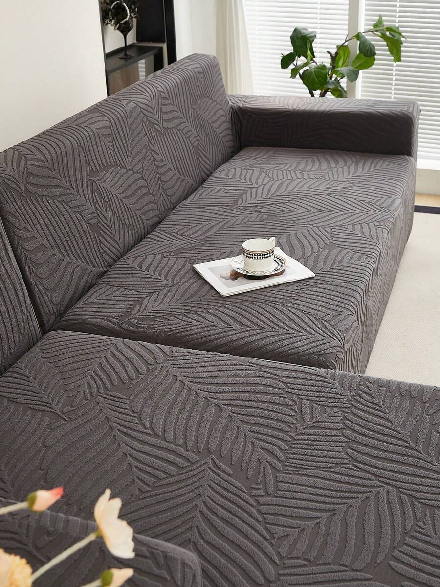 1pc Plush Fleece Dark Gray Leaf Pattern Stretch Sofa Cover (Pillow Cover Not Included), Nordic Modern Style Polyester Dust-Proof Anti-Slip Thickened Sofa Slipcover, Fits 1/2/3/4 Seater Sofa, Suitable For All Seasons Sofa Decor - Dark Grey - View 1