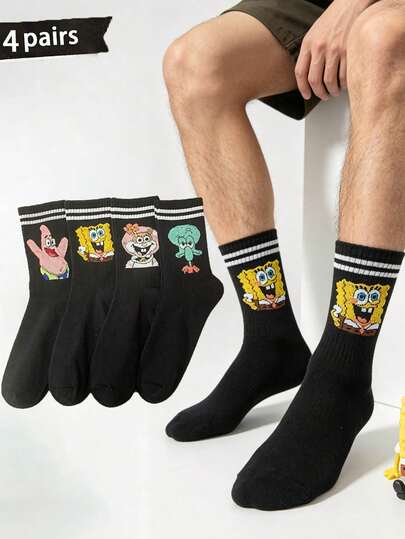 SpongeBob SquarePants 4 Pairs Unisex Cartoon Printed Mid-Calf Socks, Fashionable Versatile Casual Sports Socks, Suitable For All Seasons