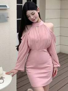 Vestido de verano de manga larga, ajustado, con cuello alto y hombros descubiertos de unicolor, ropa de otoño para damas - Blanco y Negro - Ver 9