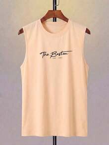 Camiseta de manga corta de verano casual con estampado de eslogan para hombres - Caqui - Ver 2