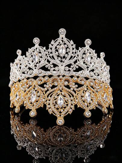 Luxuriöse barocke Strass-Krone Tiara, zweifarbig in Silber/Gold beschichtet Kristall Braut Haarband, königliches Haarzubehör für Hochzeit & besondere Anlässe