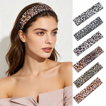 1 pieza/6 piezas Diademas elásticas con estampado de leopardo para mujeres, diademas deportivas suaves y antideslizantes, accesorios para el cabello de estilo bohemio