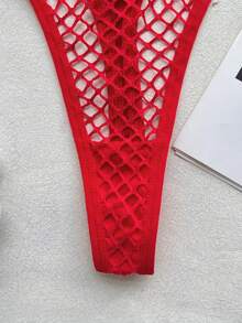 Conjunto de lencería de camisola y tanga de malla y parches sexy para mujeres - Rojo - Ver 7