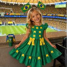 Brazilian-Themed Children's Dress For June Festivals And The World Cup, With Flag Appliqué And Bows. - 綠色 - 查看 1