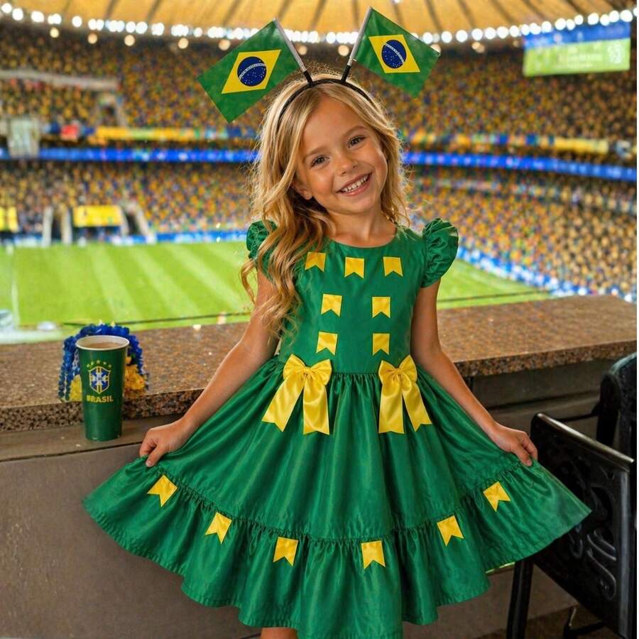 Brazilian-Themed Children's Dress For June Festivals And The World Cup, With Flag Appliqué And Bows. - 綠色 - 查看 1