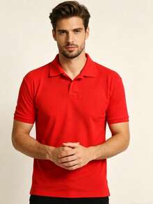 Men's Basic Short-Sleeve Polo Shirt, Breathable Cotton, Casual, Stylish, Various Colors - 紅色 - 查看 1
