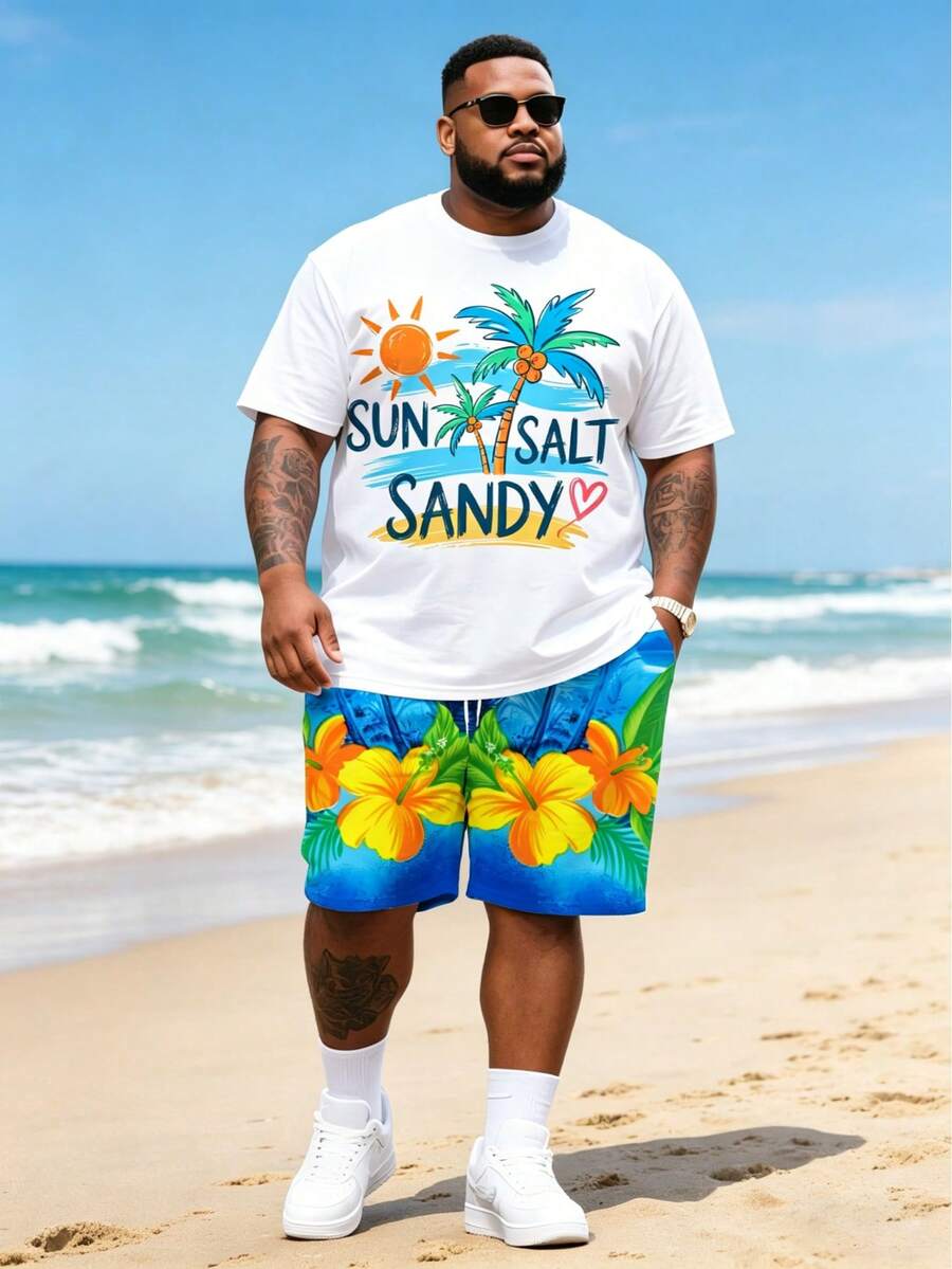 Plus Size Men's Beach Vacation Set, Coconut Tree & Letter Print Short Sleeve Shirt + Hawaiian Floral Shorts, 2pcs Plus Size Outfit - Multicolor - View 1