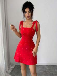 Vestido mini ajustado de línea A con decoración de lazo y perla, de unicolor y elegante moda para mujer - Rojo - Ver 4