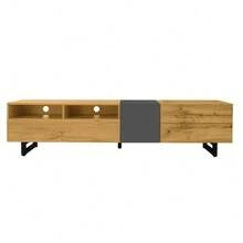 Mueble para TV con bloques de color, diseño sencillo de colores contrastantes, tres puertas y dos compartimentos, patas metálicas en forma de U, veta de madera retro. - Caqui - Ver 10