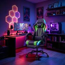 DEVOKO RGB LED Gaming Chair, Ergonomic Office Chair With Footrest, Remote Control, Height-Adjustable PC Gaming Chair, PU Leather, 150kg Load Capacity - Green - View 2