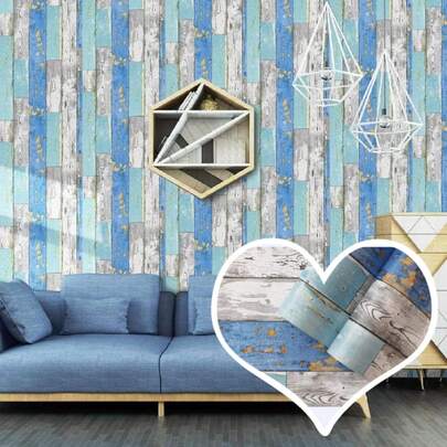 1 Roll Vintage Blue & Brown Wood Grain Peel And Stick Wallpaper, Self-Adhesive Removable Vinyl Wall Decal For Backsplash, Shelves, Home Decor DIY, Removable & Versatile, 45m*100/300/500cm