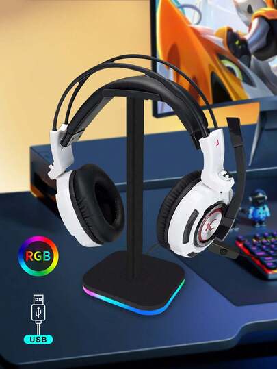 Giá đỡ tai nghe có đèn RGB, đèn trang trí không gian thể thao điện tử, móc treo tai nghe đa chức năng, giá đỡ gắn bàn máy tính có cổng USB, giá trưng bày phụ kiện tai nghe.