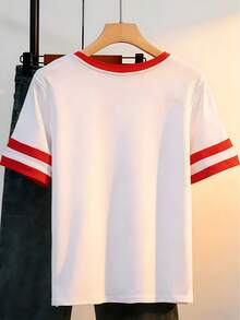 Disney-Themed Minnie Mouse Headband And Castle Doodle Print |   Y2K-Style Red And White Color-Blocked Women'S Fashion T-Shirt - A Must-Have Summer Essential - trắng - Xem 2