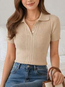 Women's Ribbed Polo Shirt, Short-Sleeved Textured Knit Shirt, Casual Fashion Knit T-Shirts - 米色 - 查看 4