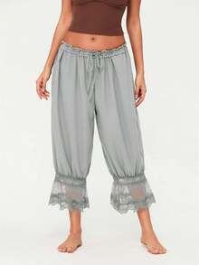 Women Y2K Half Slip Under Dress Pettipants Mid Rise Lace Patchwork Bloomers Trousers Ruffle Pantaloons Cropped Flared Pants Cute Pumpkin Long Pants - 綠松石色 - 查看 1