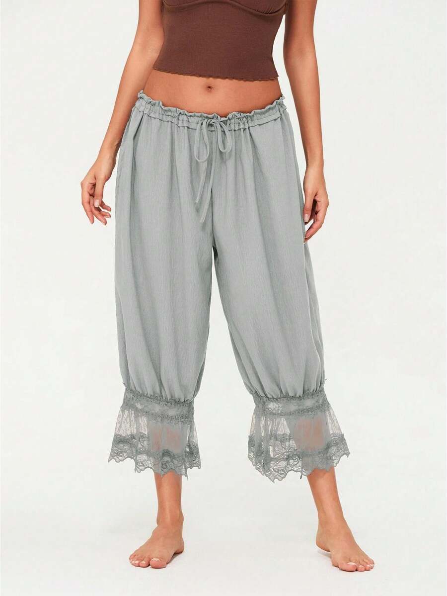 Women Y2K Half Slip Under Dress Pettipants Mid Rise Lace Patchwork Bloomers Trousers Ruffle Pantaloons Cropped Flared Pants Cute Pumpkin Long Pants - 綠松石色 - 查看 1