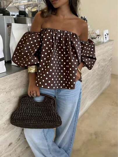 Plus Size Women's Polka Dot Contrast Color Woven Fabric Backless Ruffle Open Shoulder Top, Suitable For Beach And Daily Wear, Spring & Summer Casual