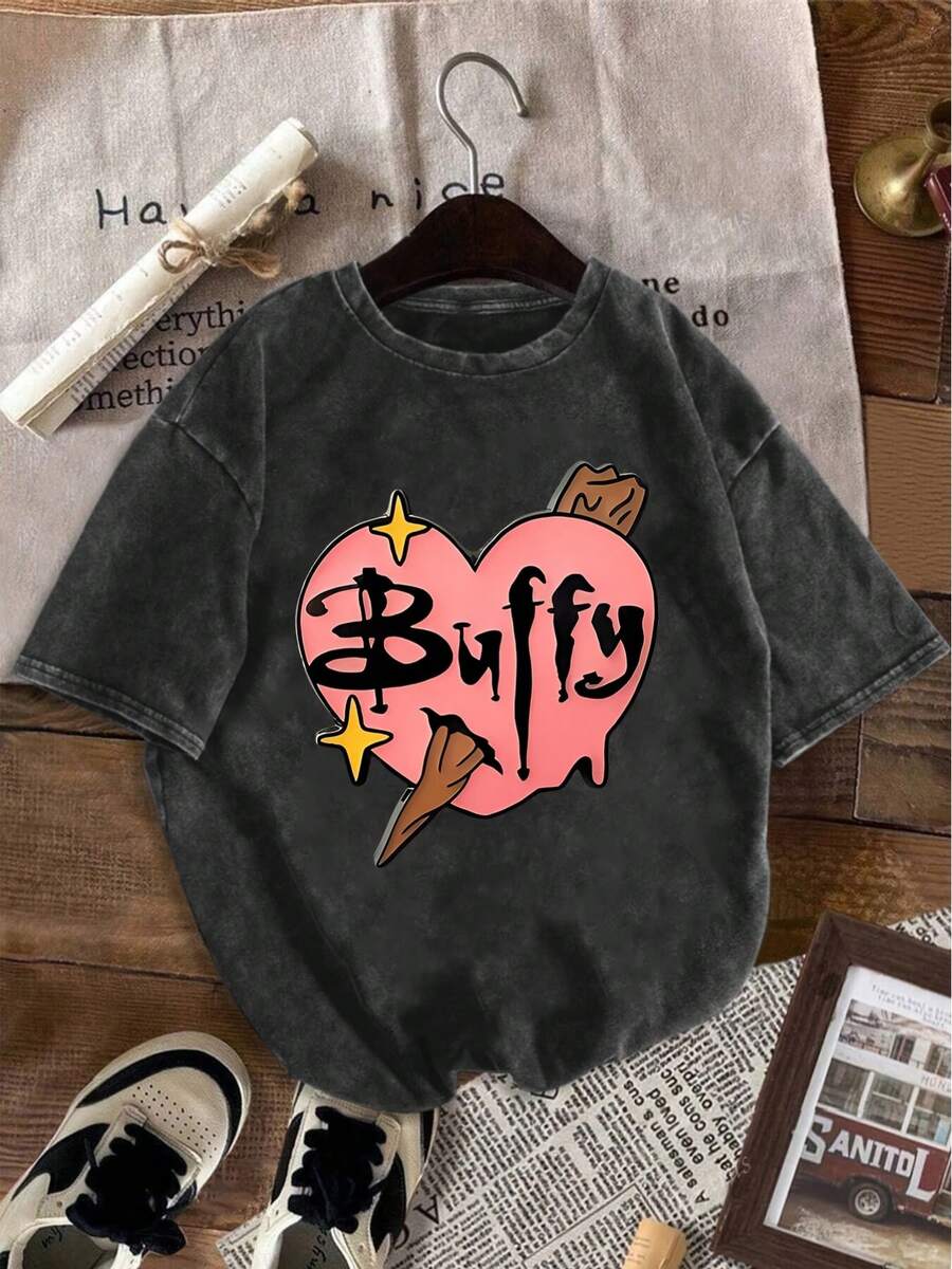 Plus-Size Buffy Pattern Printed Round-Neck Short-Sleeve Everyday Washed T-Shirt Top, Versatile For Daily Wear, Summer Women's Short-Sleeve, High - 黑色 - 查看 1
