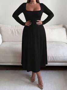 Floreya Plus Size Elegant Casual Daily Commute Spring/Summer New Short Sleeve Fitted Dress, French Retro High-End Elegant Slimming Dress Black - Black - View 3