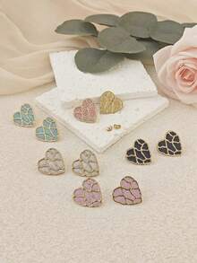 Retro Sweet Heart Black Gold Stitching Texture Stud Earrings, Minimalist Luxury Temperament Ear Jewelry For Women,Summer Beach Jewelry Fancy Stainless Steel Jewelry Set, Great For Glamorous,Holiday,Wedding,Daily,Music Festival,Beach Vacation. Perfect For Valentines Day, Birthday, Mother Day Gift - Multicolor - View 5